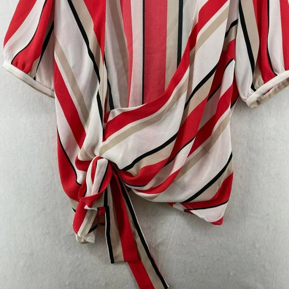 Halogen Wrap Blouse Women's Sz XS Coral Red White Striped Puff Sleeves Sheer - Picture 7 of 9